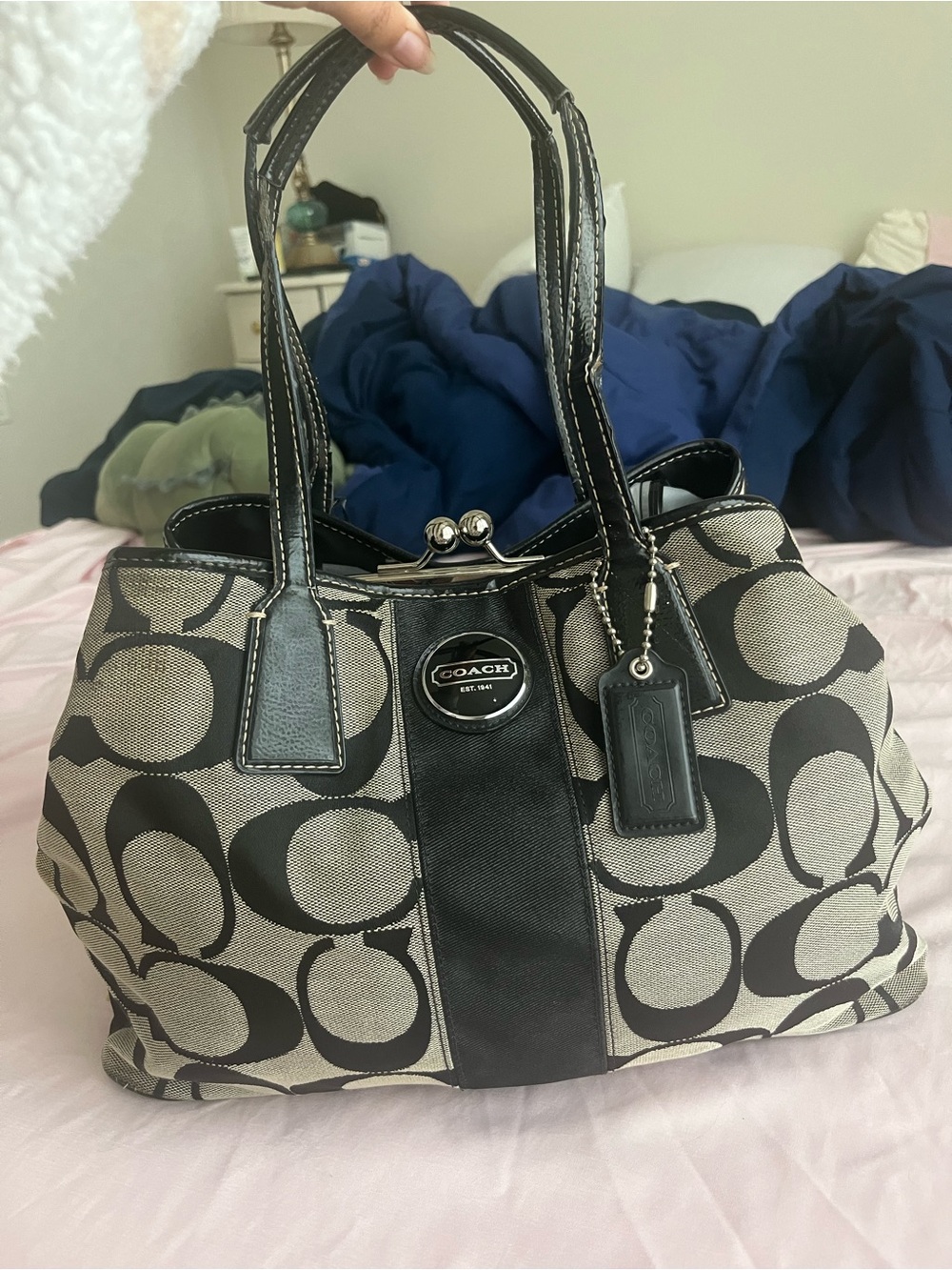 Coach Signature Stripe Kisslock Frame Doctor Bag